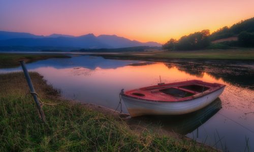 Dusk,In,Lake,Plastiras-greece,With,A,Beautiful,Boat,In,The